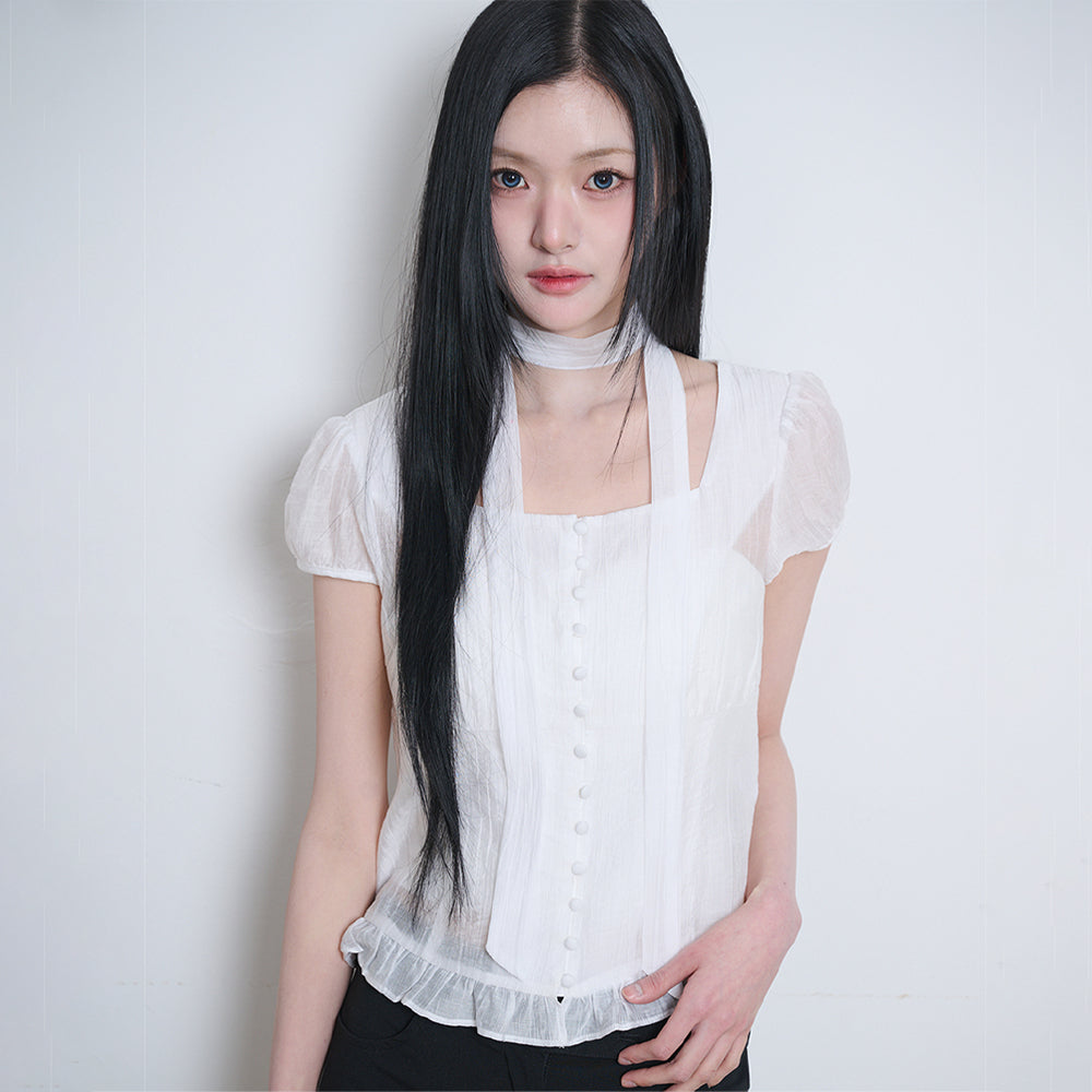 ILLIGO Ribbon tie square neck blouse white