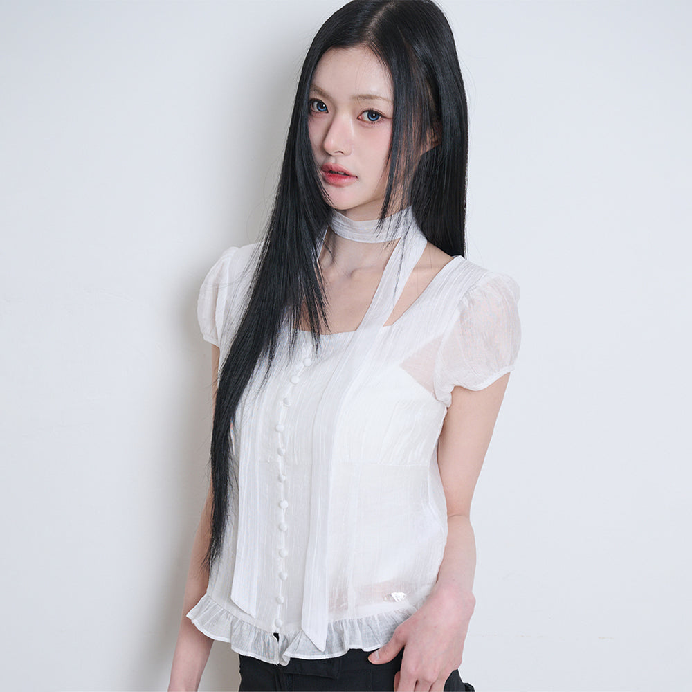 ILLIGO Ribbon tie square neck blouse white