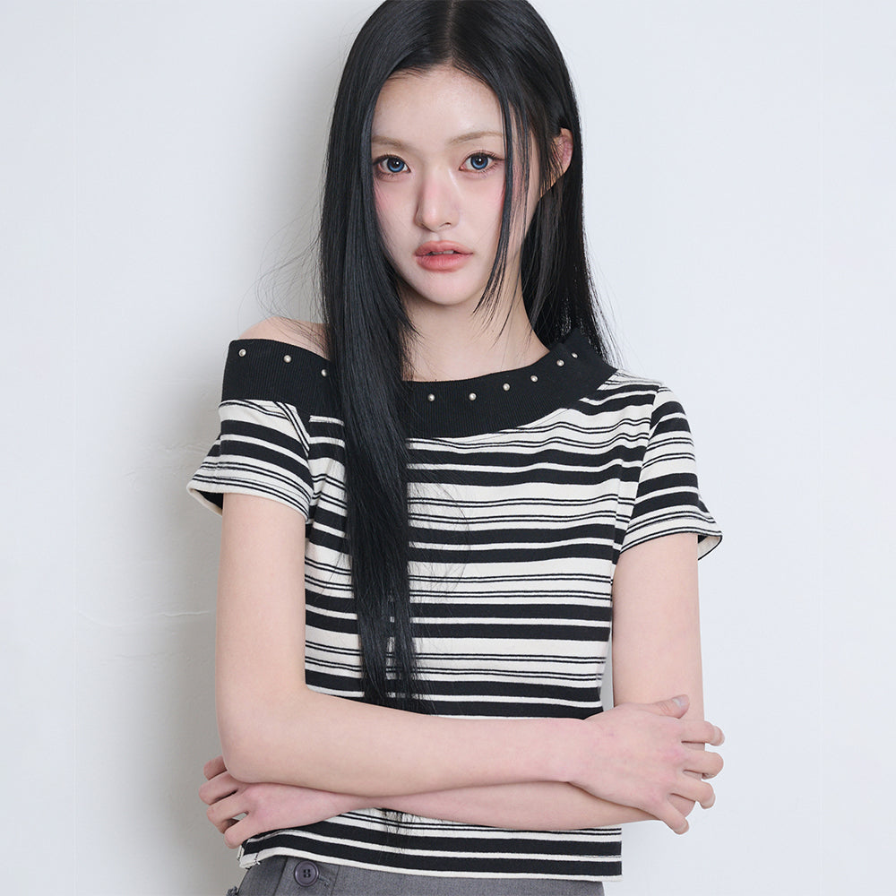 ILLIGO One Shoulder Studded Striped Top Black Ivory