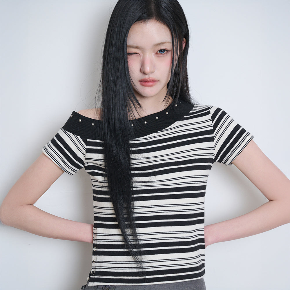 ILLIGO One Shoulder Studded Striped Top Black Ivory