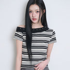 ILLIGO One Shoulder Studded Striped Top Black Ivory