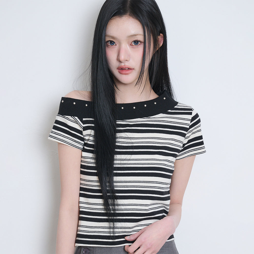 ILLIGO One Shoulder Studded Striped Top Black Ivory