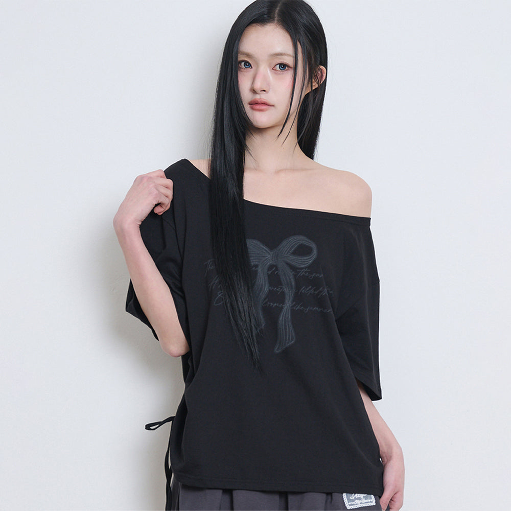 ILLIGO Ribbon shirring off-shoulder t-shirt - 3COLOR