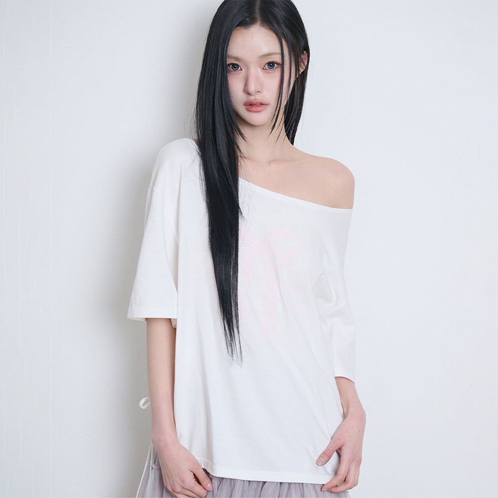 ILLIGO Ribbon shirring off-shoulder t-shirt - 3COLOR