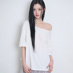ILLIGO Ribbon shirring off-shoulder t-shirt - 3COLOR