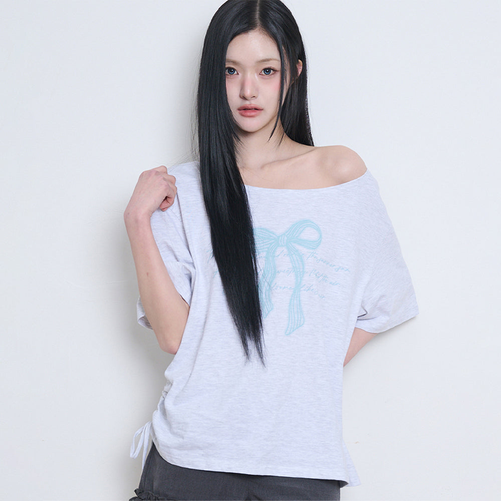 ILLIGO Ribbon shirring off-shoulder t-shirt - 3COLOR