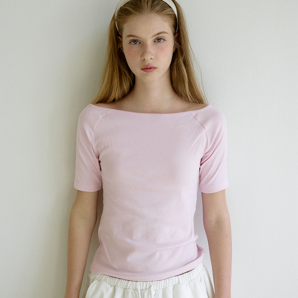 LETTER FROM MOON Letters semi-off shoulder 3/4 t-shirt (pink)