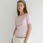 LETTER FROM MOON Letters semi-off shoulder 3/4 t-shirt (pink)
