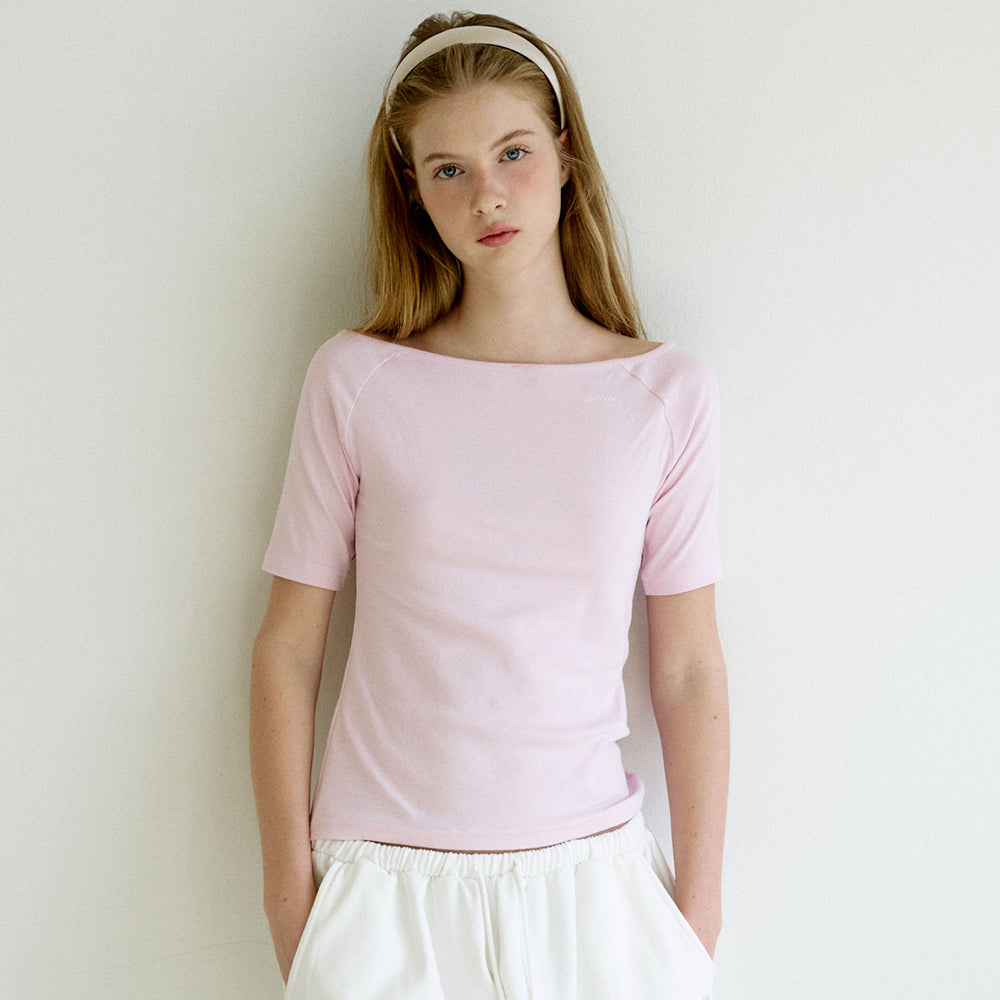 LETTER FROM MOON Letters semi-off shoulder 3/4 t-shirt (pink)