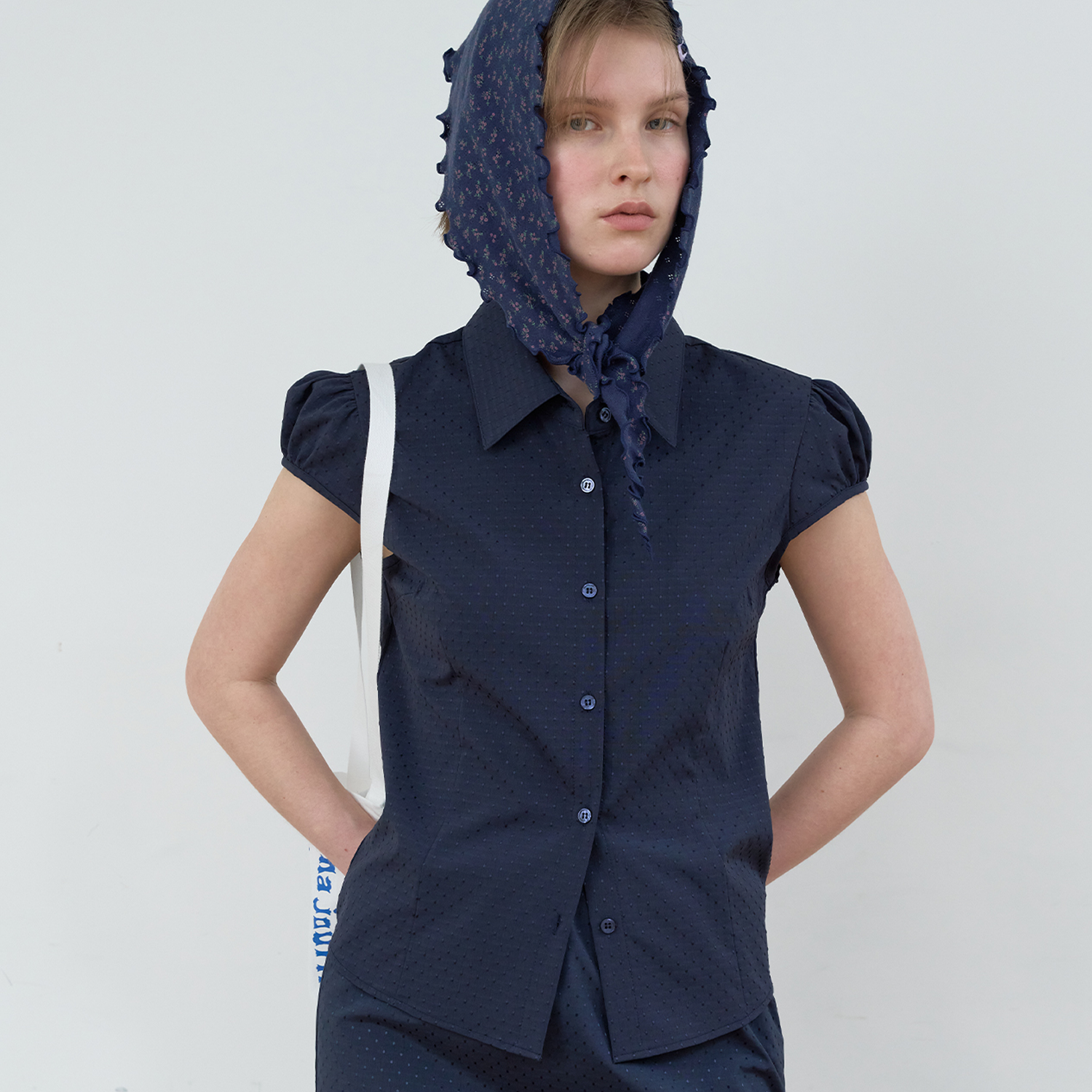 MA JOURNÉE DOT CAP SLEEVE SHIRT_NAVY