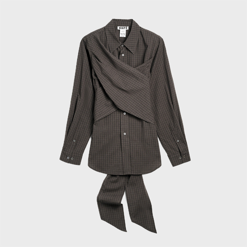 HOPE (concierge) (W) TWISTY SHIRT (WARM GREY MICRO CHECK 01519)