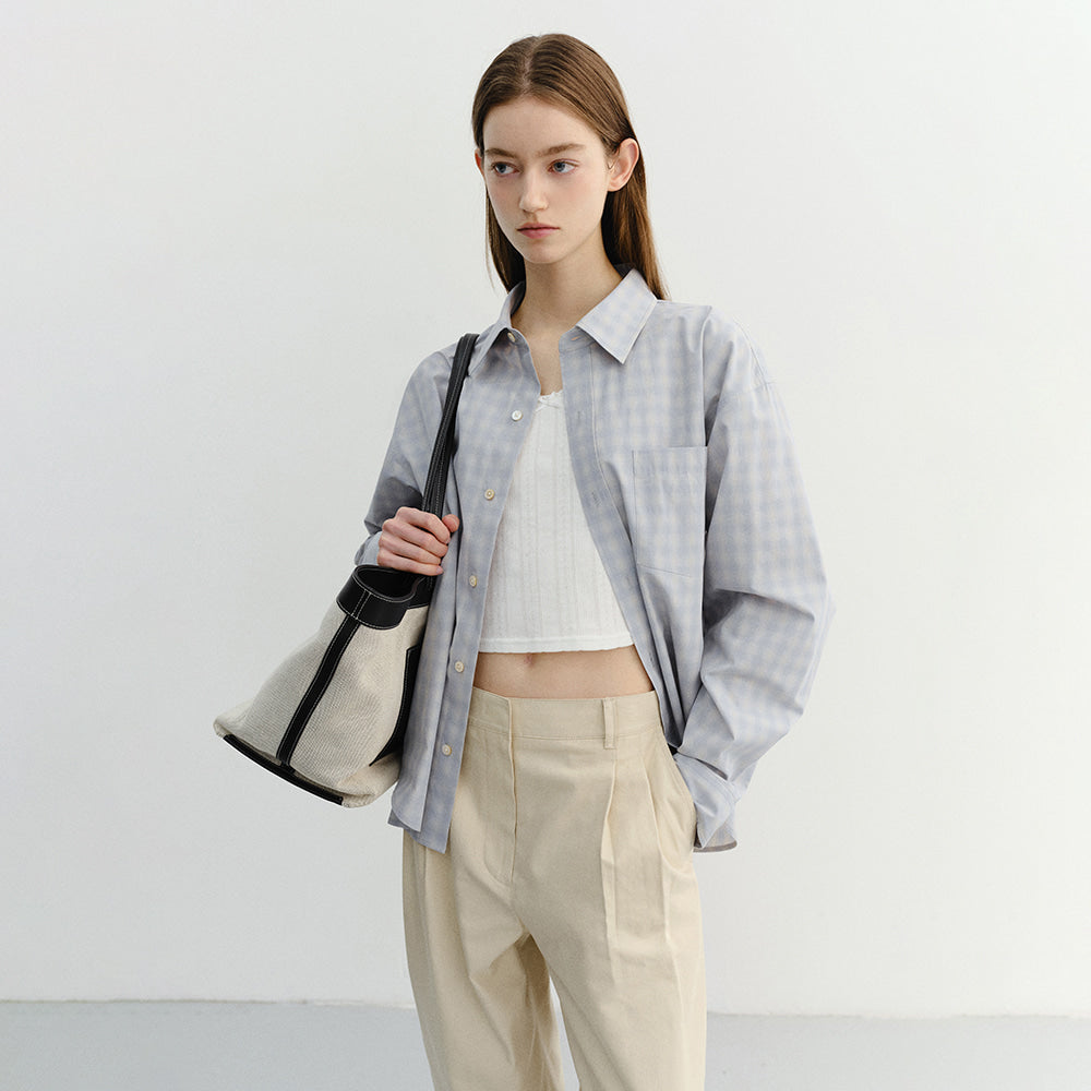 DUNST UNISEX CROPPED CHECKED SHIRT SOFT BLUE CHECK_UDSH6A116B1
