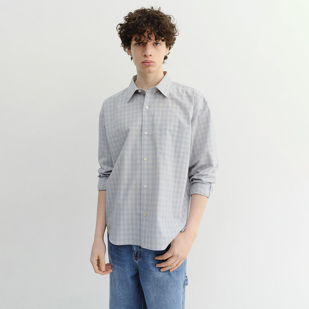 DUNST UNISEX CROPPED CHECKED SHIRT SOFT BLUE CHECK_UDSH6A116B1