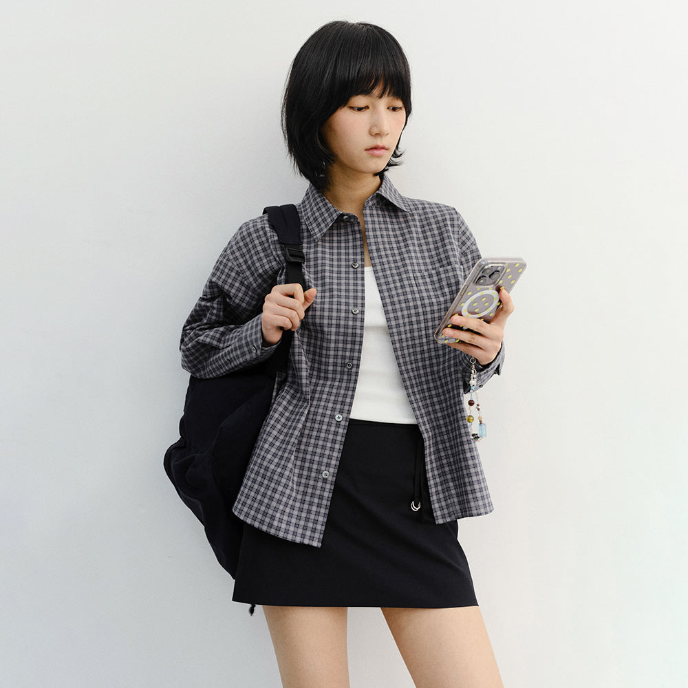 DUNST UNISEX CROPPED CHECKED SHIRT NAVY CHECK_UDSH6A116N2