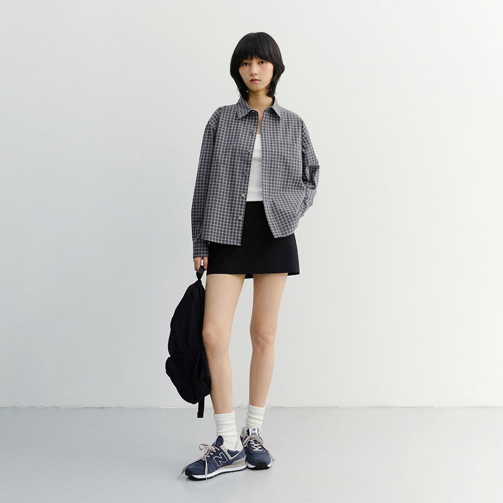 DUNST UNISEX CROPPED CHECKED SHIRT NAVY CHECK_UDSH6A116N2
