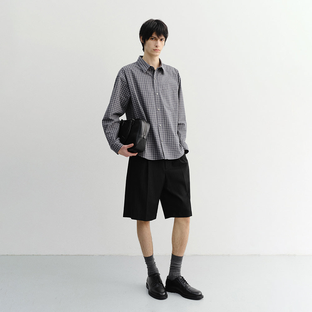 DUNST UNISEX CROPPED CHECKED SHIRT NAVY CHECK_UDSH6A116N2