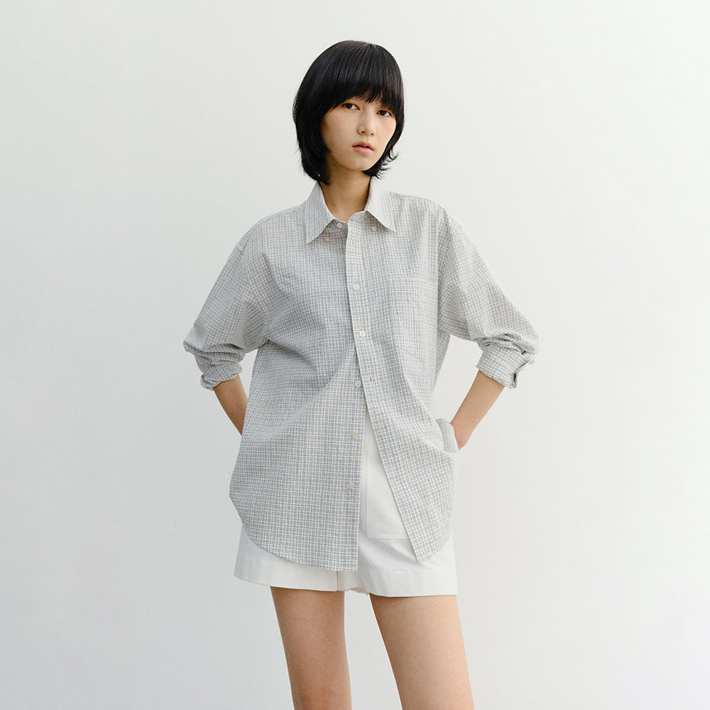 DUNST UNISEX SEERSUCKER BD SHIRT IVORY CHECK_UDSH6B127IV