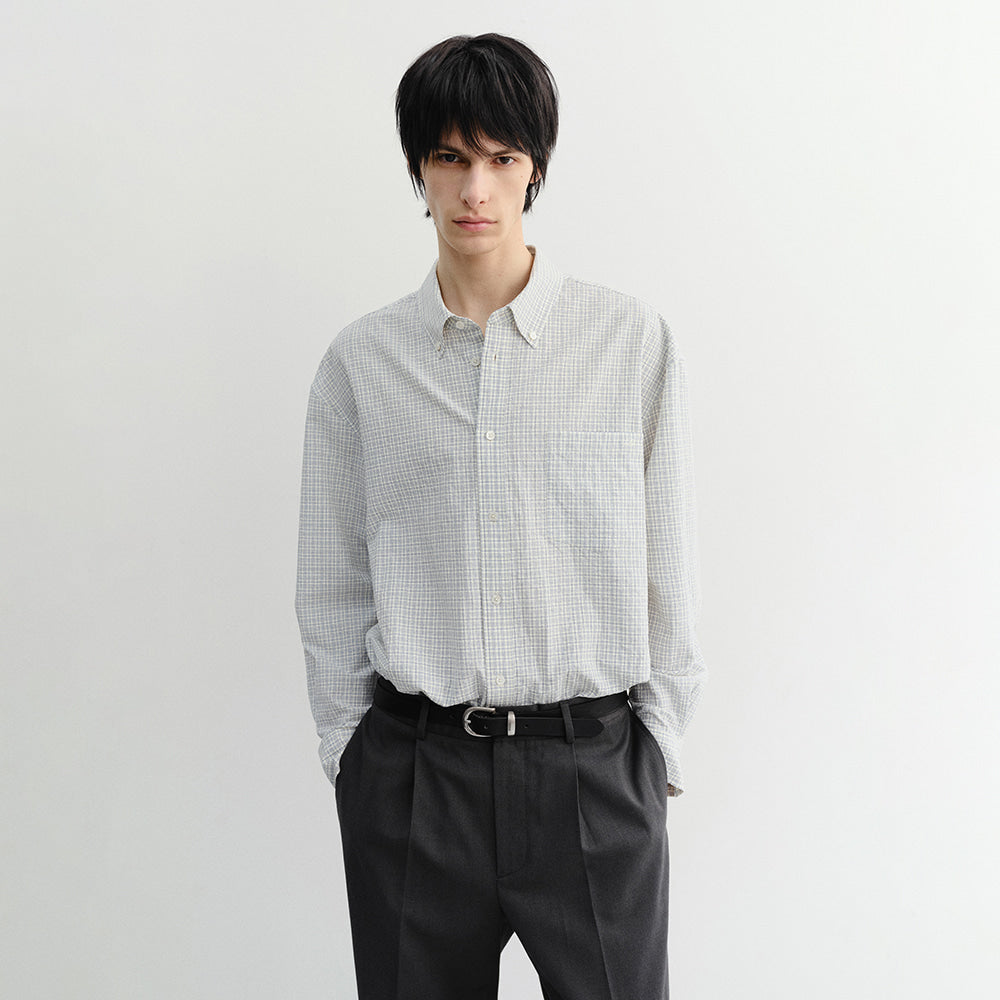 DUNST UNISEX SEERSUCKER BD SHIRT IVORY CHECK_UDSH6B127IV