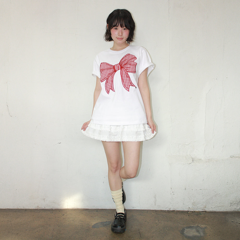 RONRON BIG RIBBON APPLIQUE BASIC FIT T SHIRT WHITE