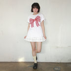 RONRON BIG RIBBON APPLIQUE BASIC FIT T SHIRT WHITE