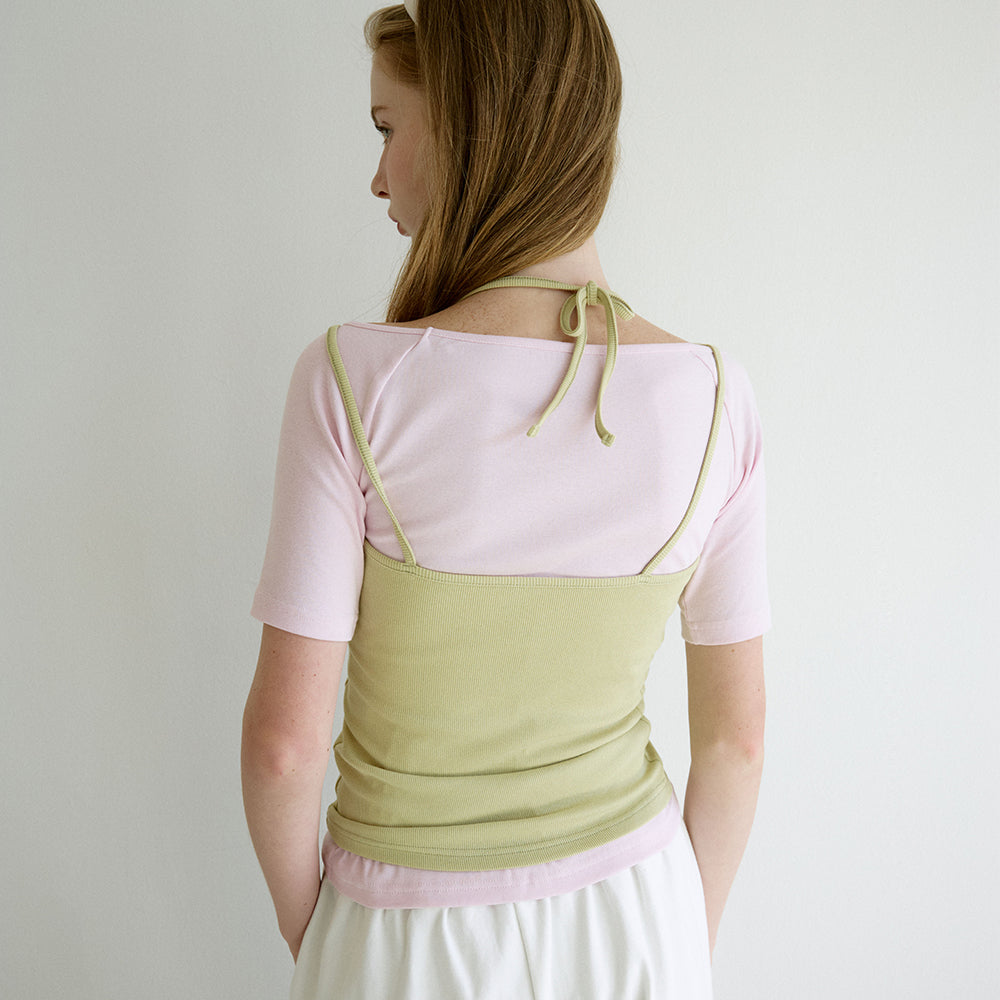 LETTER FROM MOON Letters Halterneck Strap Top (Olive)