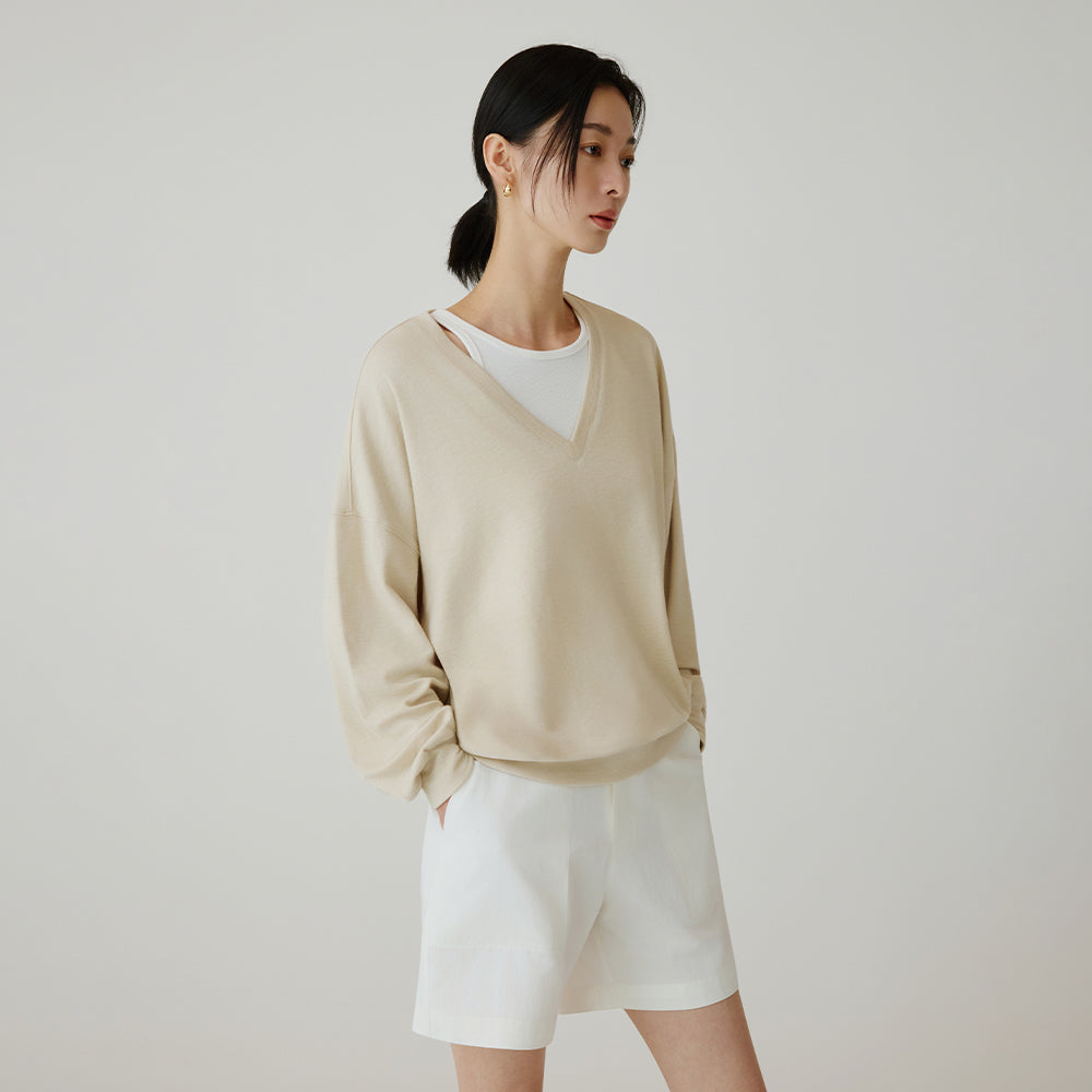 Siyazu [Lupita, Lupita PICK] SITP5274 V-neck stingray comfort t-shirt_Light beige