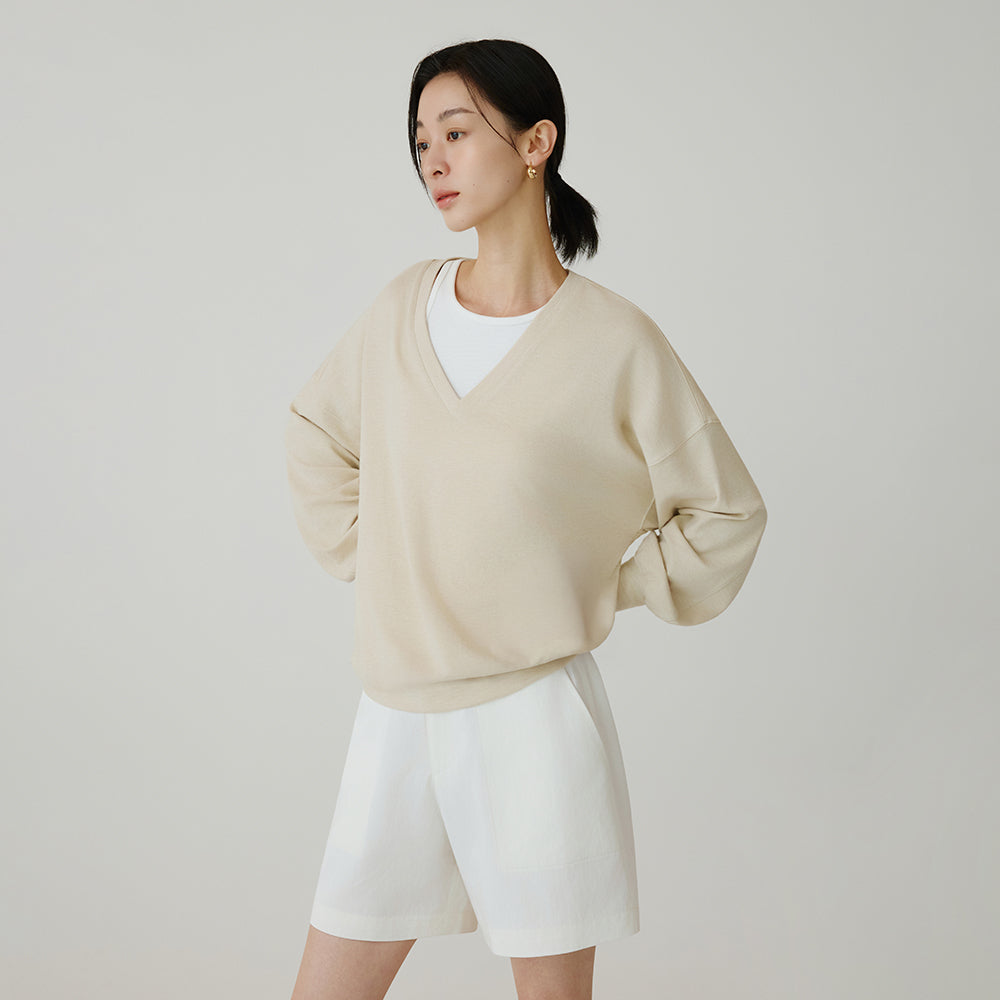 Siyazu [Lupita, Lupita PICK] SITP5274 V-neck stingray comfort t-shirt_Light beige