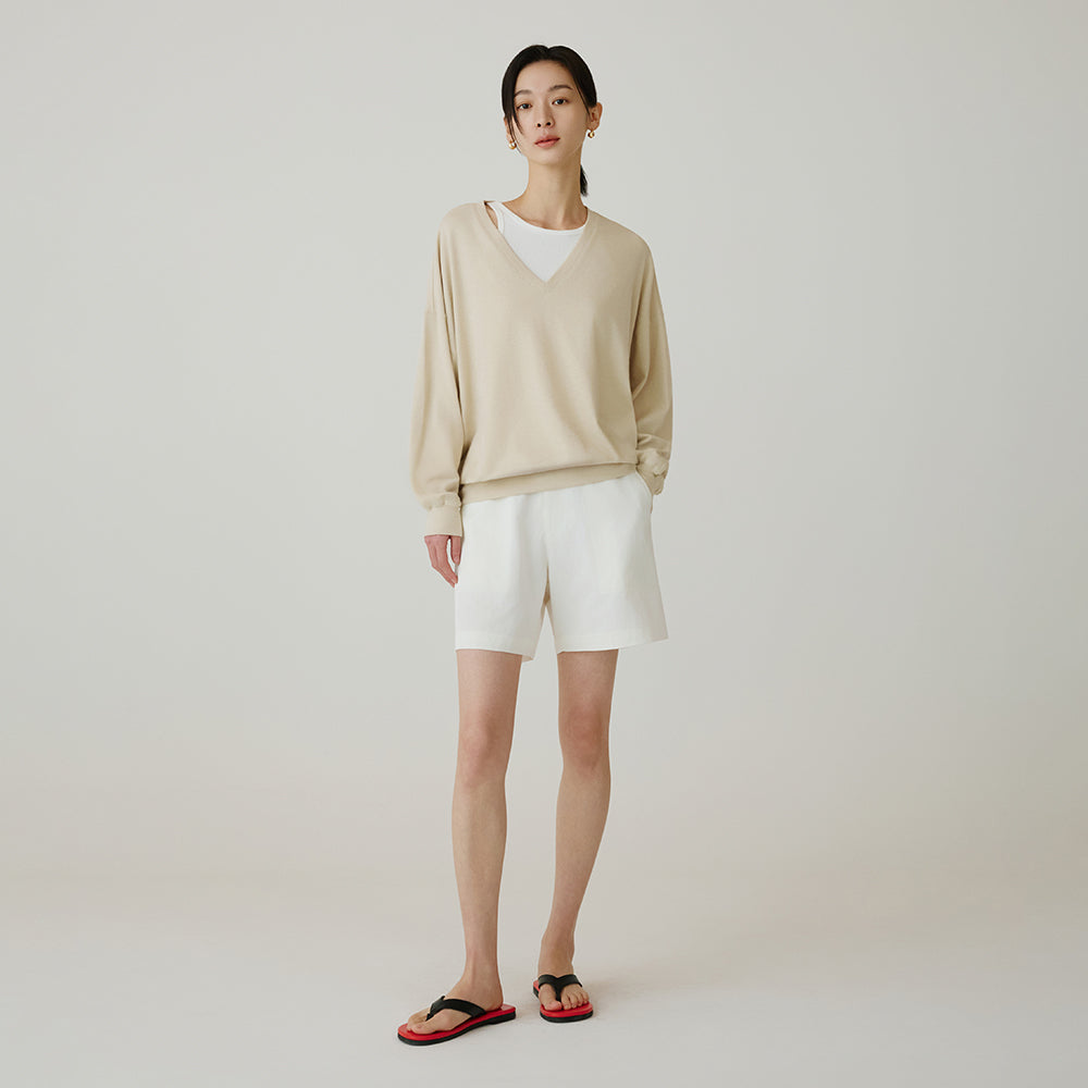 Siyazu [Lupita, Lupita PICK] SITP5274 V-neck stingray comfort t-shirt_Light beige