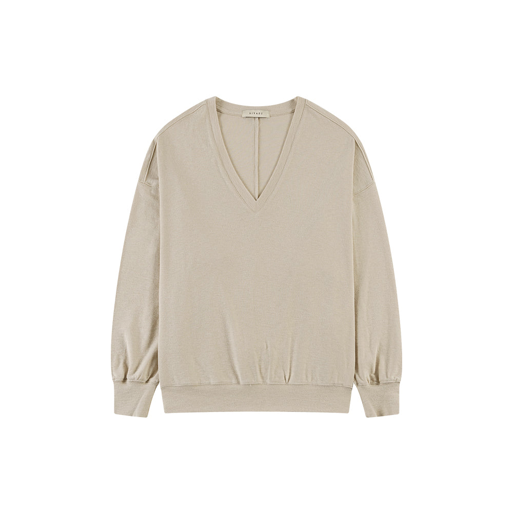 Siyazu [Lupita, Lupita PICK] SITP5274 V-neck stingray comfort t-shirt_Light beige
