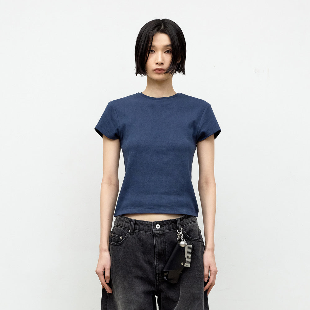 COOR WOMEN Ribbed Crop T-Shirt (Navy)