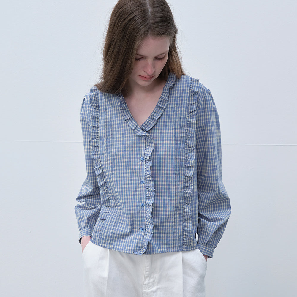 FRIVER07 Check pintuck ruffle blouse [FRSP06BL09]_Sky blue