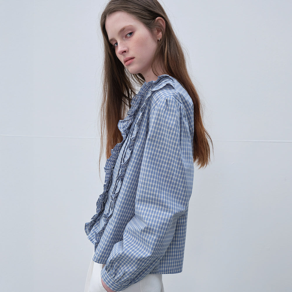 FRIVER07 Check pintuck ruffle blouse [FRSP06BL09]_Sky blue