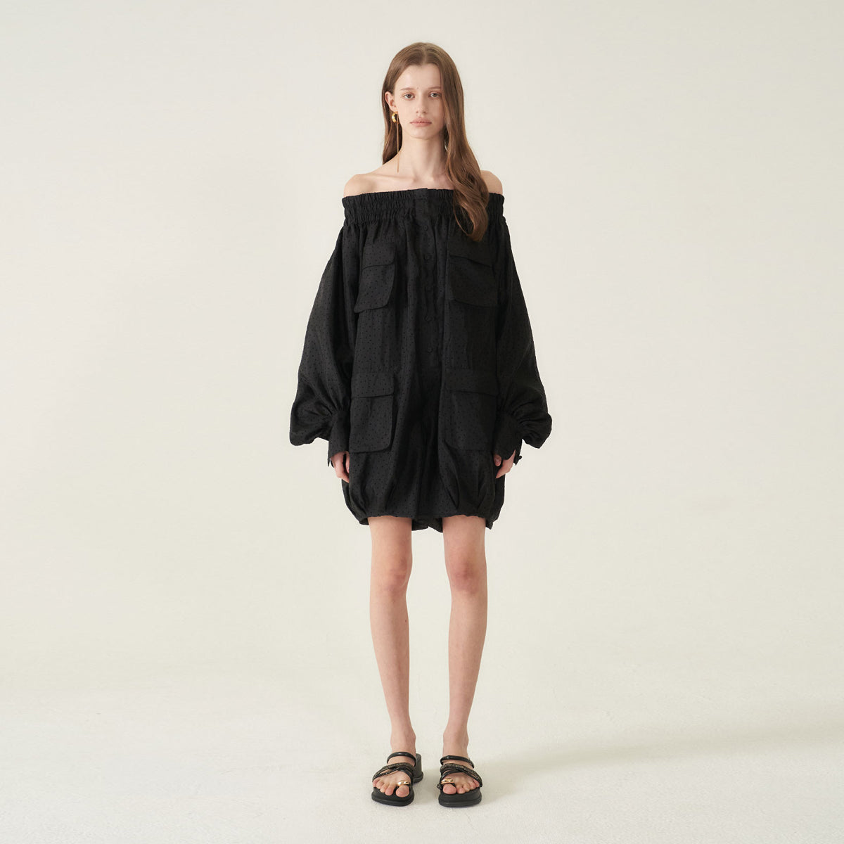 CAHIERS CAHIERS Mini Dot Chiffon Off-Shoulder Balloon Jumpsuit