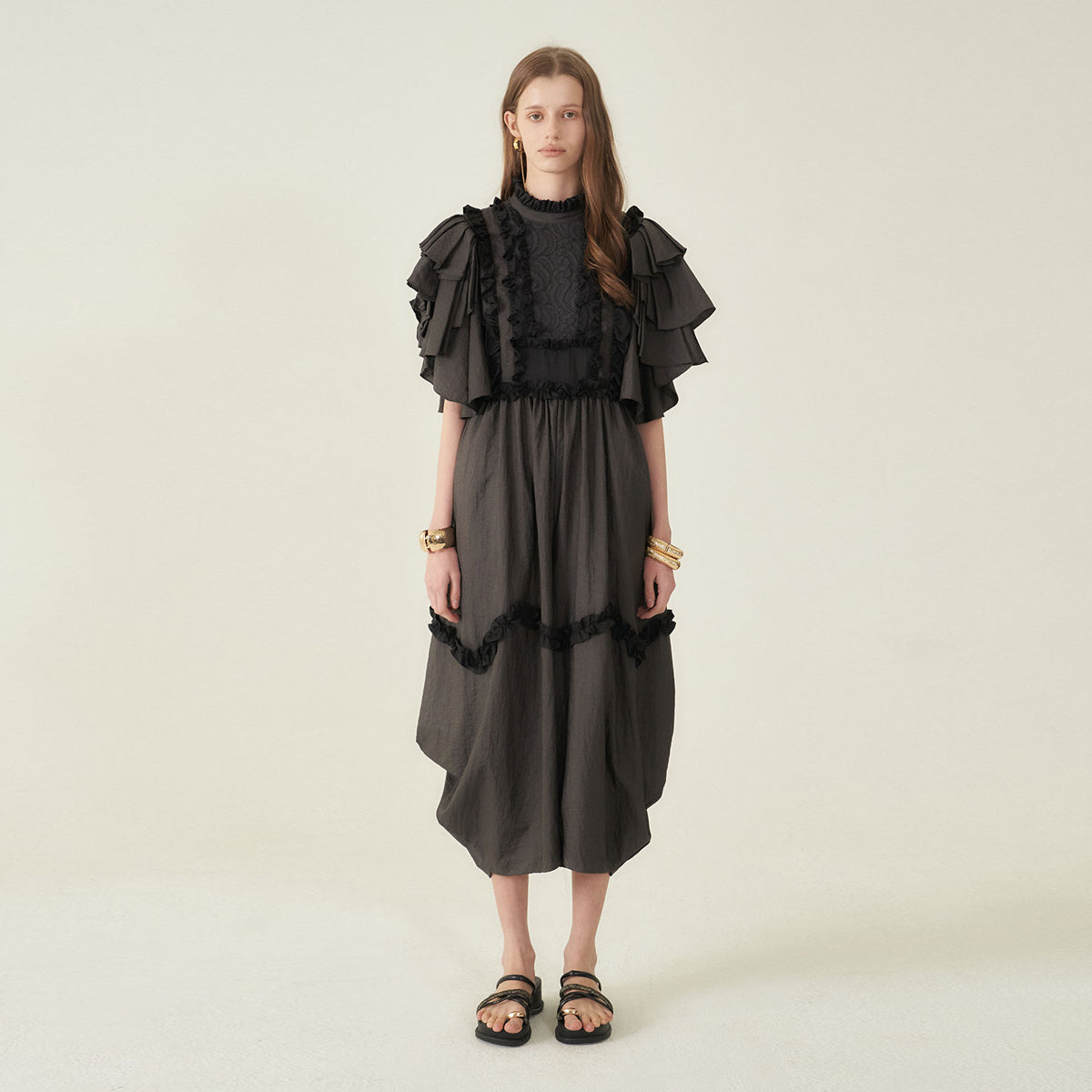 CAHIERS CAHIERS Front Lace Papery Ruffle Balloon Jumpsuit
