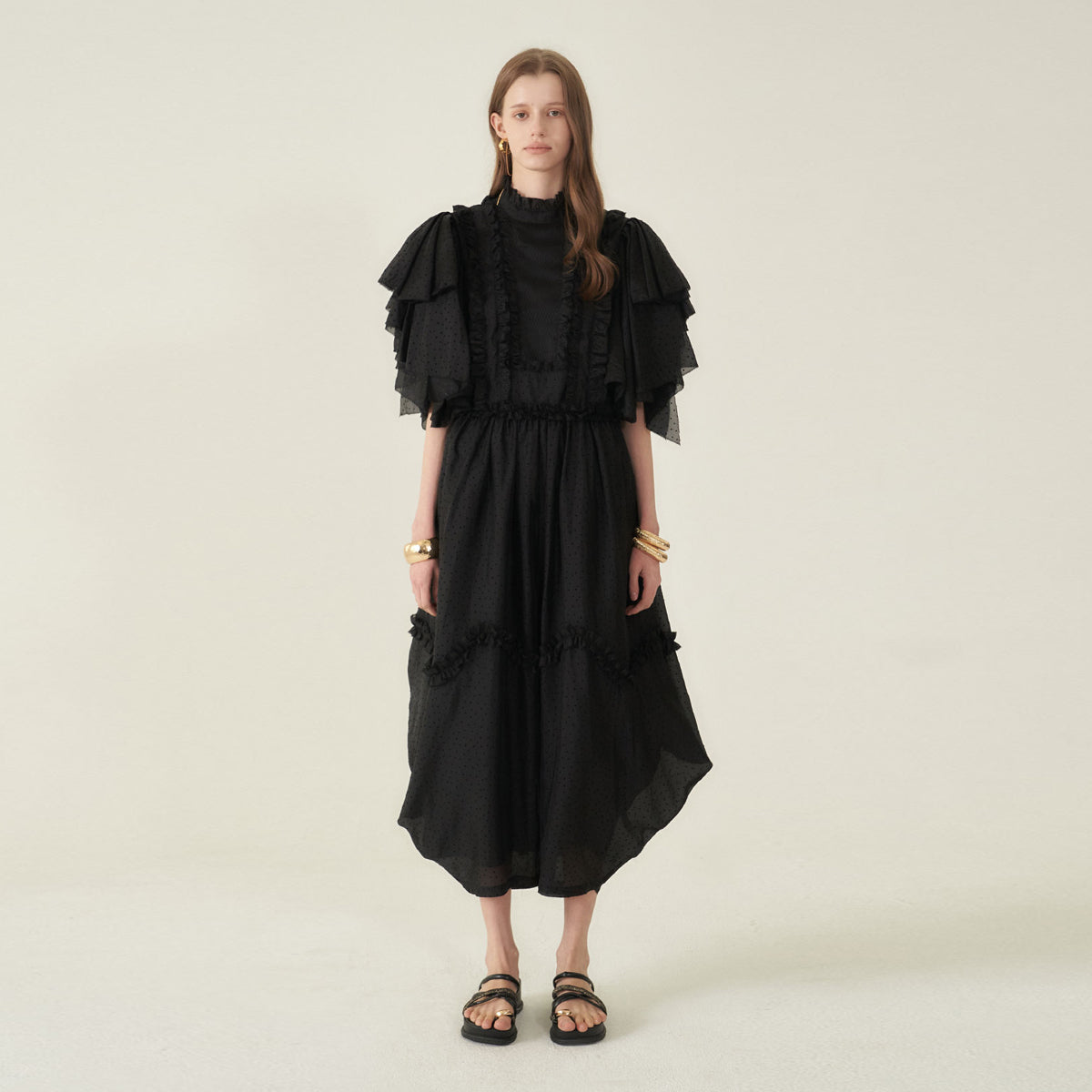 CAHIERS CAHIERS Mini Dot Chiffon Lace Front Balloon Jumpsuit