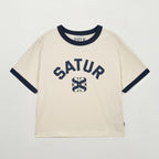SATUR (W) Arch Logo Ringer Short Sleeve T-Shirt Cream