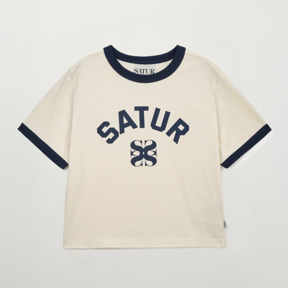 SATUR (W) Arch Logo Ringer Short Sleeve T-Shirt Cream