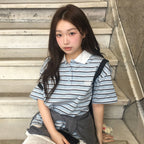 CGP (Women) Overfit Striped Short Sleeve Collar T-Shirt - Sky Blue