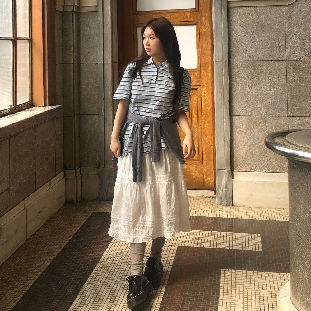 CGP (Women) Overfit Striped Short Sleeve Collar T-Shirt - Sky Blue