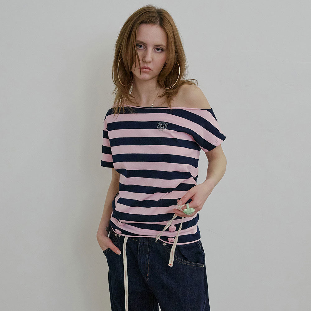 SCULPTOR Button Stripe Tee Pink