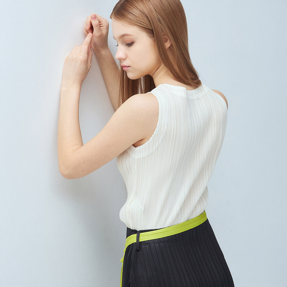 YOYOYOY Round neck pleated sleeveless top_3colors