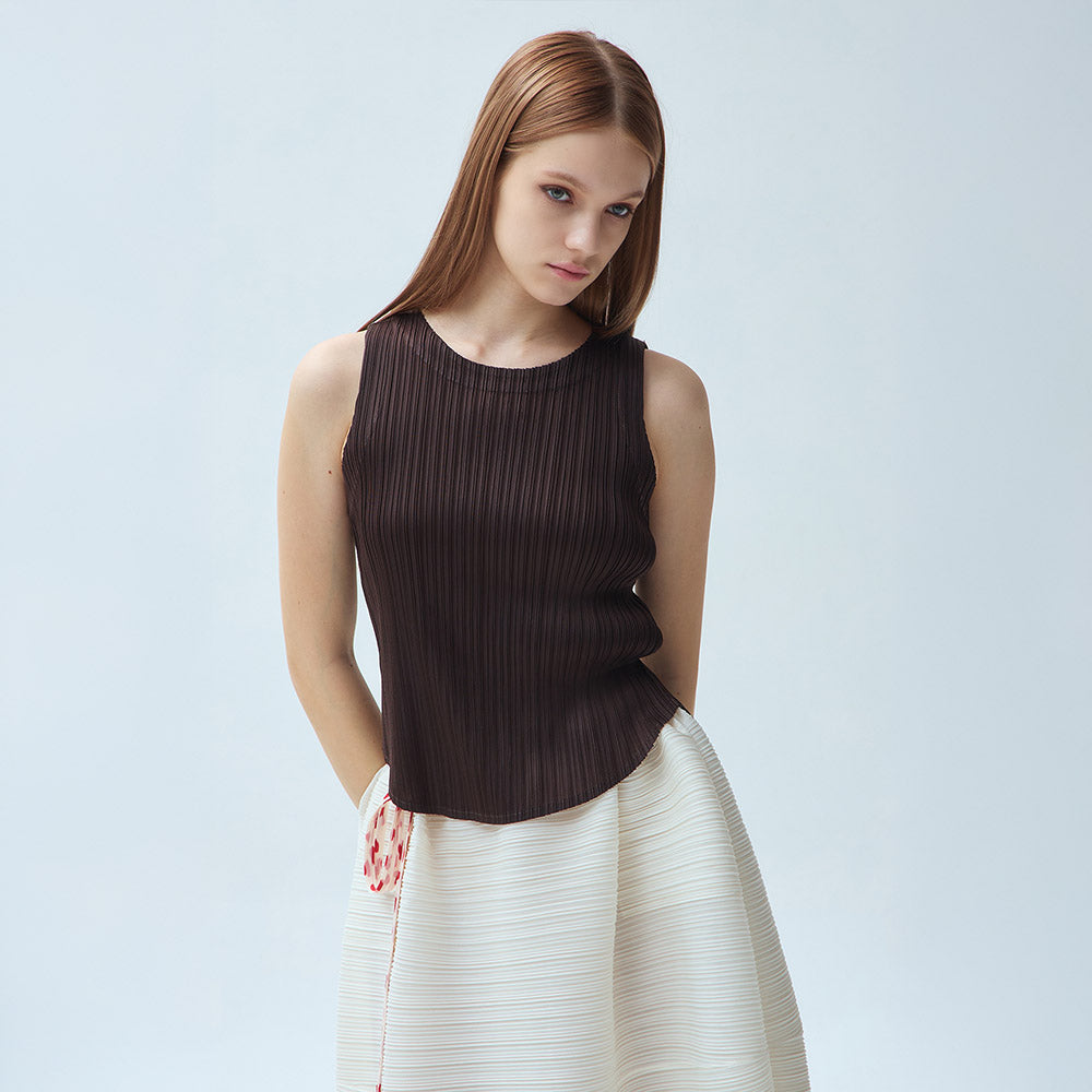 YOYOYOY Round neck pleated sleeveless top_3colors