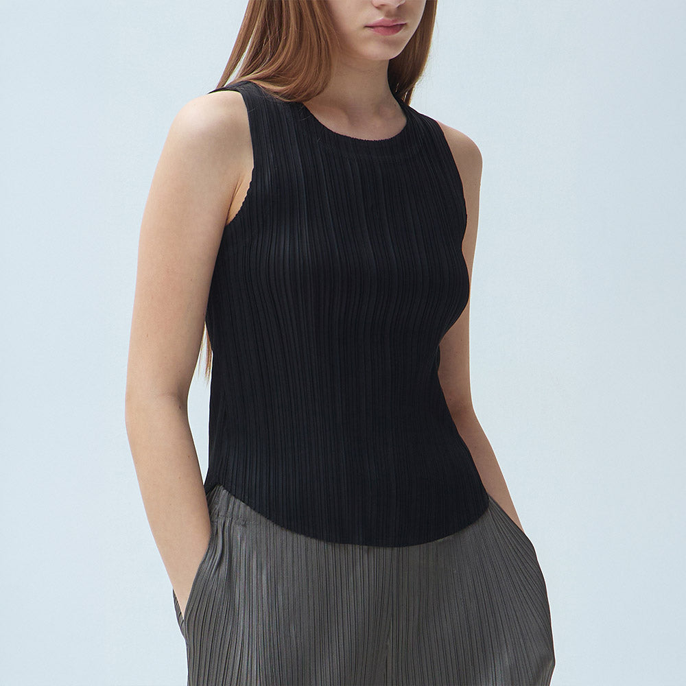 YOYOYOY Round neck pleated sleeveless top_3colors