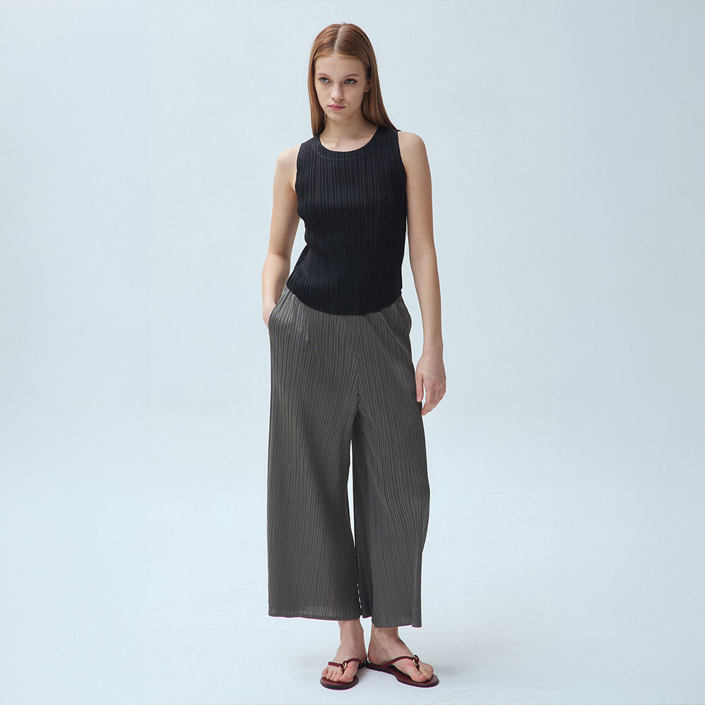 YOYOYOY Round neck pleated sleeveless top_3colors