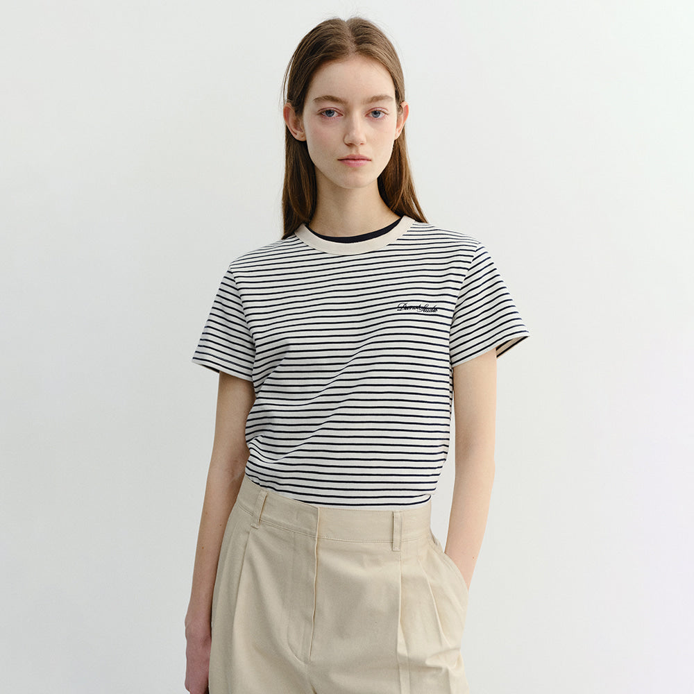 DUNST ESSENTIAL STRIPE LOGO T-SHIRT CREAM NAVY STRIPE_UDTS6B232CR