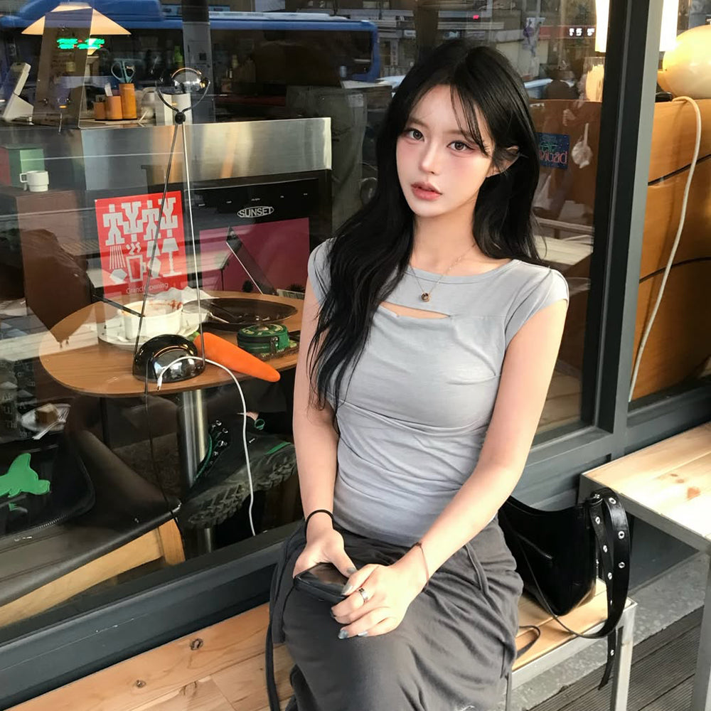 FLAREUP Asymmetrical Draped Roll-Up T-Shirt (FL-165_Gray)