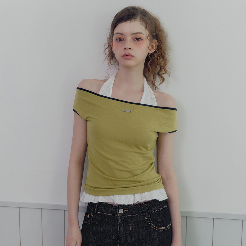 TWEE Epiton color combination off-shoulder T-shirt