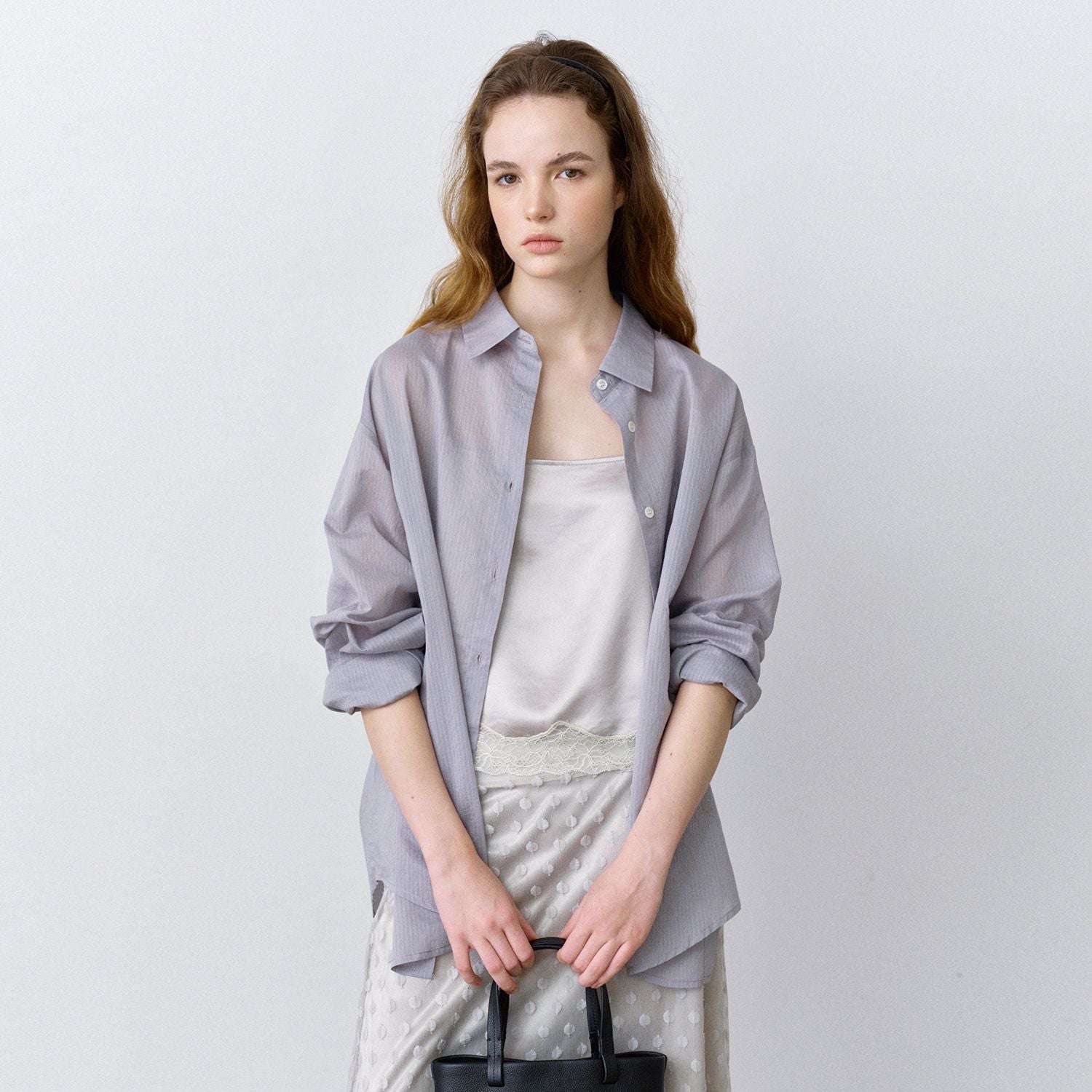 HANE [Scrunch SET] Pressure striped sheer shirt_Lilac Gray