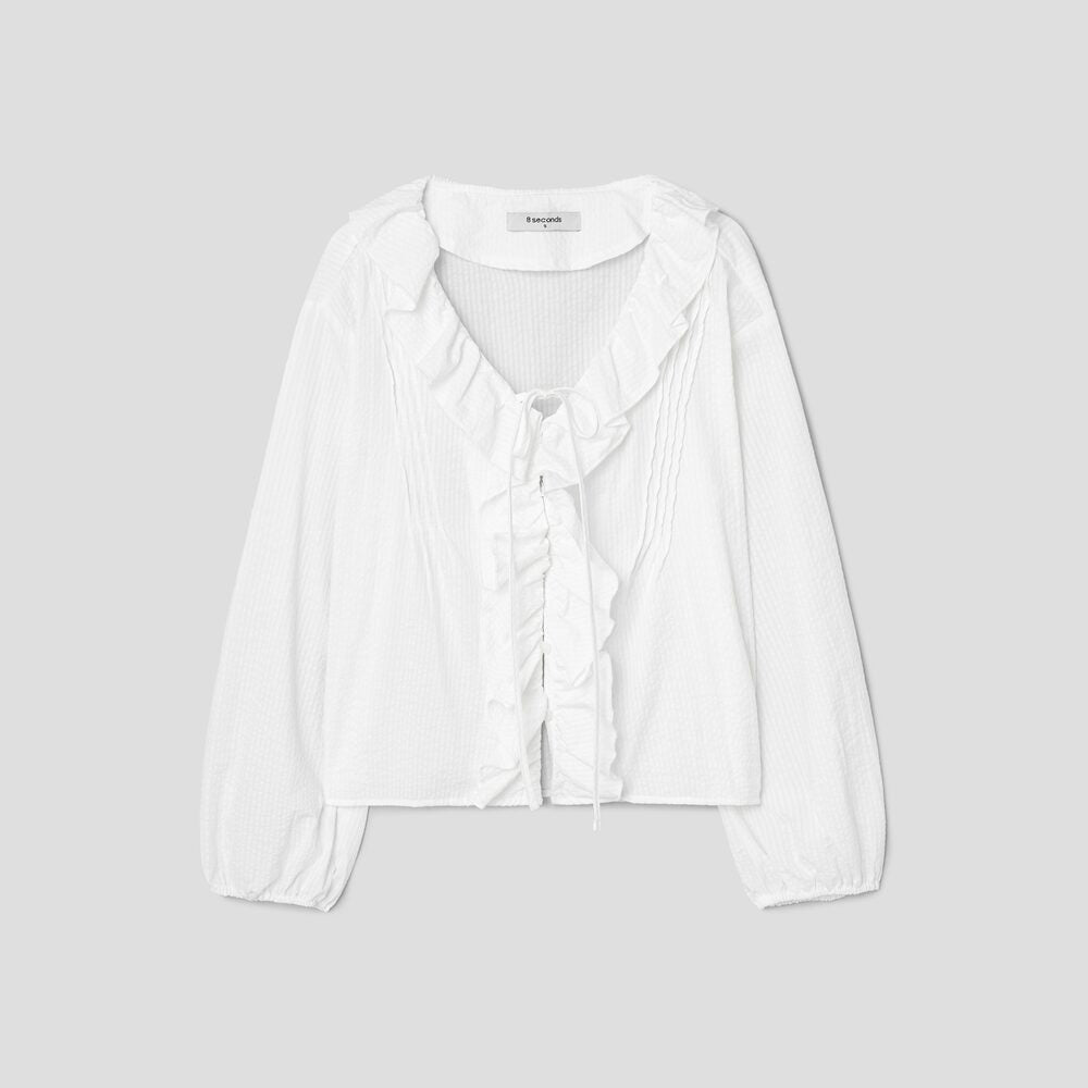 8seconds [Eight Seconds] Frill full open long sleeve seersucker blouse - White (356464CC11)