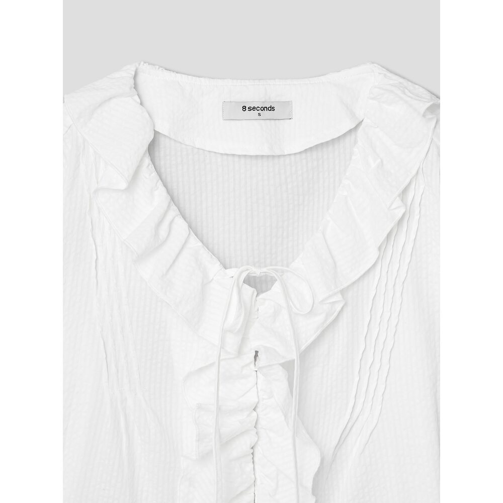 8seconds [Eight Seconds] Frill full open long sleeve seersucker blouse - White (356464CC11)